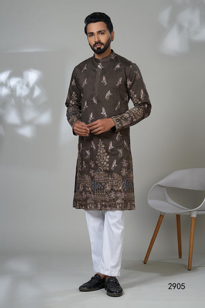 Embroidered Bird Kurta: Designer Dark Brown Kurta Set for Men Laroyal