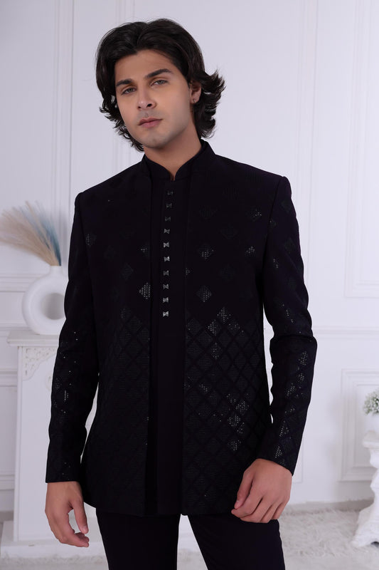 Men's Black-on-Black Sherwani with Cascading Diamond Pattern | Indo Western For Indian Wedding | Jodhpuri Suit