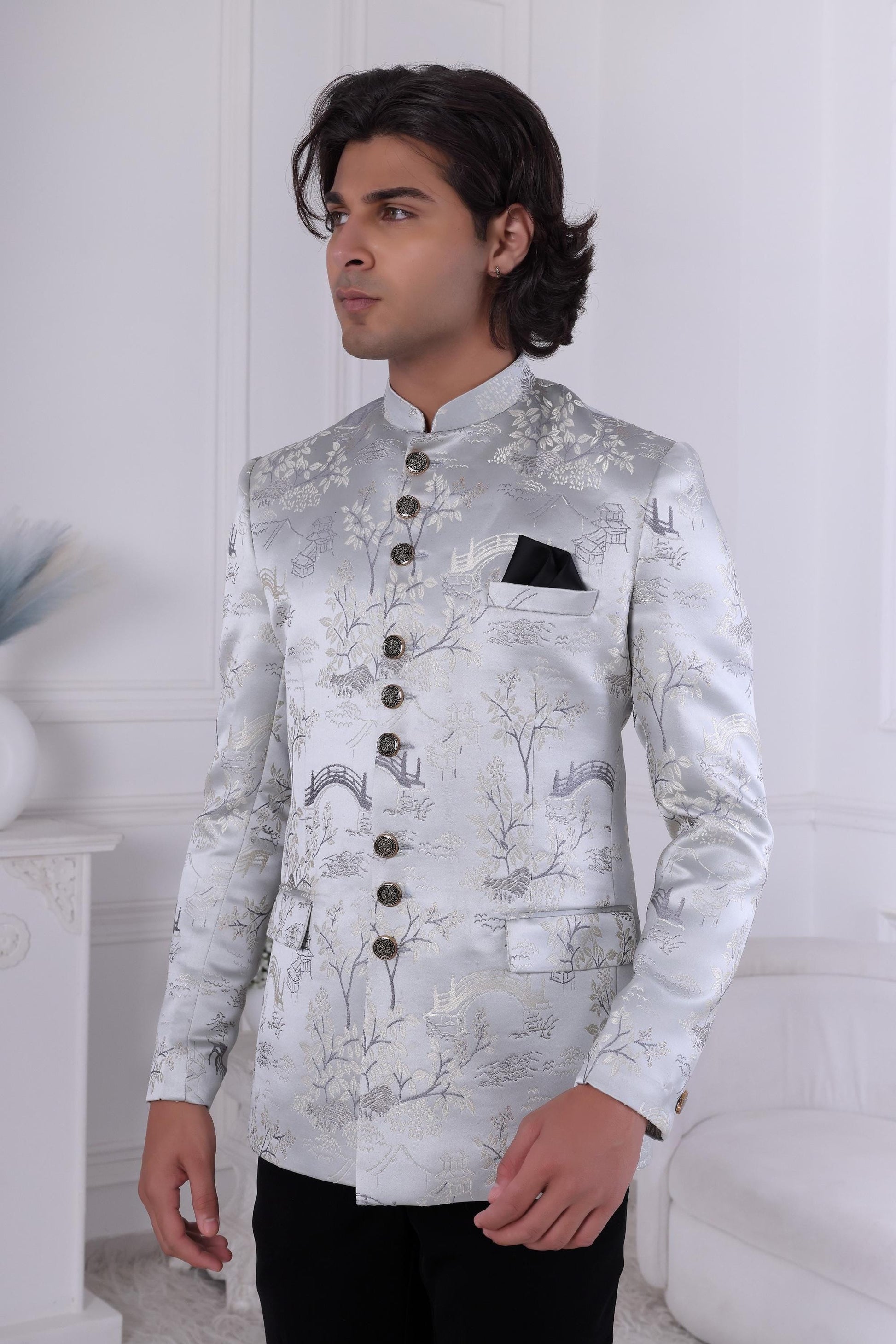 Silver-Blue Scenic Jacquard Jodhpuri Suit: Modern Bandhgala Wedding Outfit Laroyal