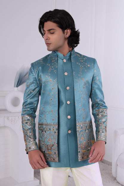 Sherwani Teal Blue Embroidered Jodhpuri Set for Men - Sherwani Wedding & Festive Wear Laroyal