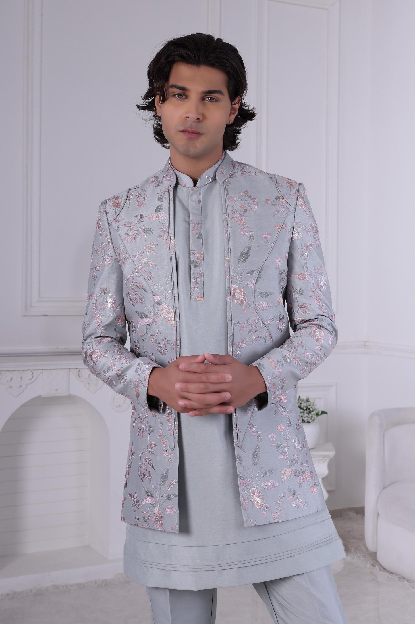 Floral Embroidered Light Grey Sherwani: Groom Wedding Outfit Laroyal