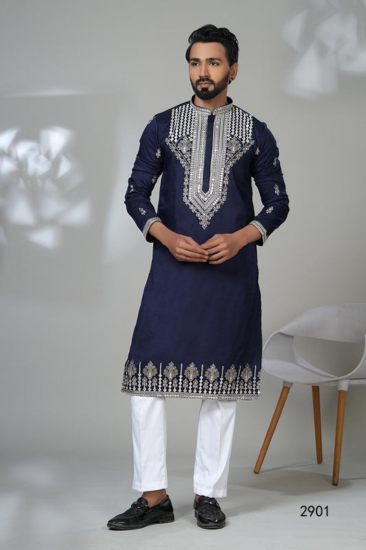Dark Blue Kurta for Men with Heavy Silver Embroidery | Groom's Wedding & Sangeet Kurta Pajama