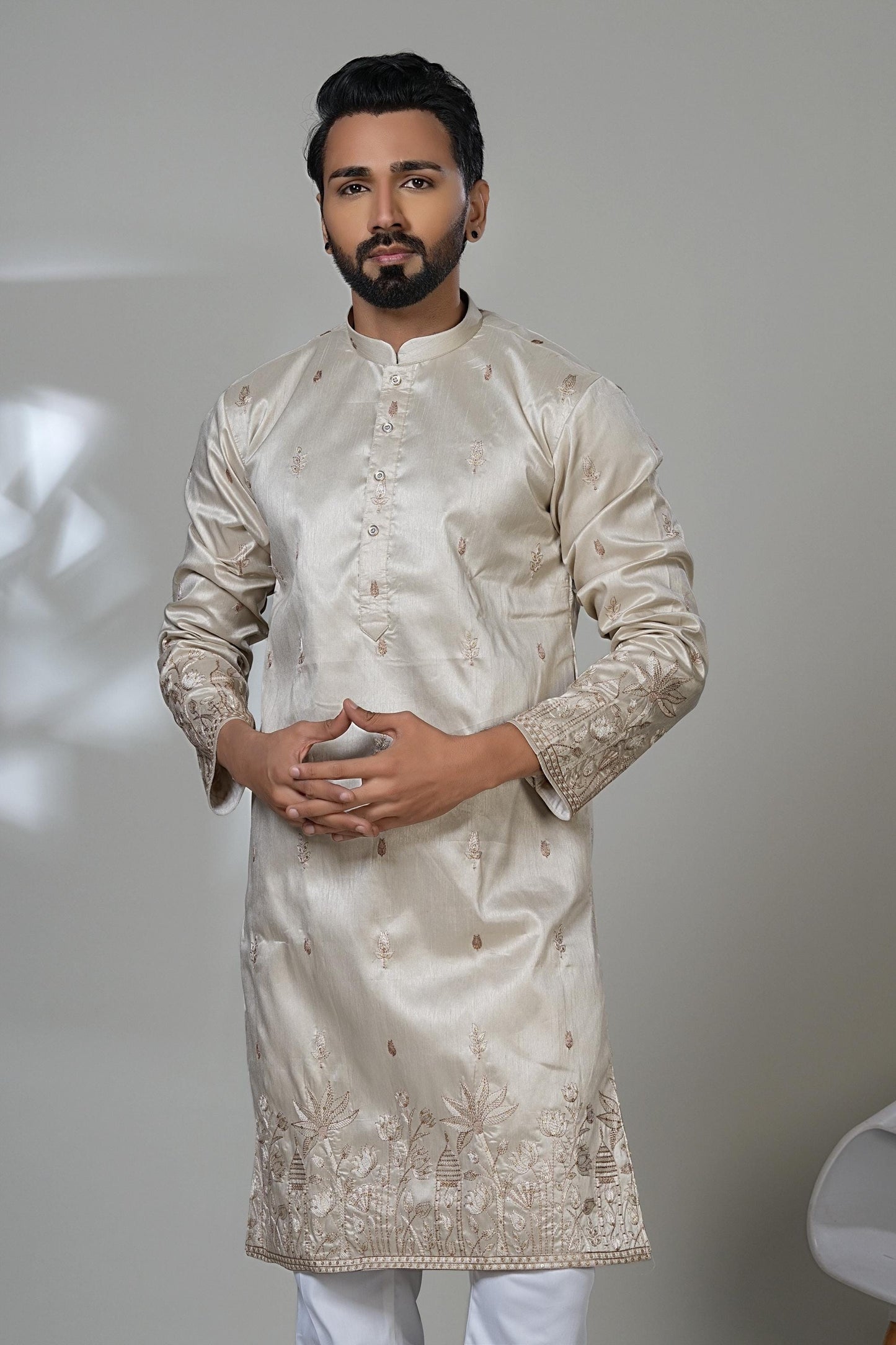 Embroidered Men's Kurta Set: Light Golden-Beige Formal Designer Kurta Laroyal