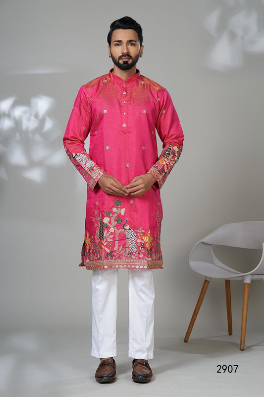 Bright Pink Kurta for Men: Multi-Color Peacock Embroidery Designer Kurta