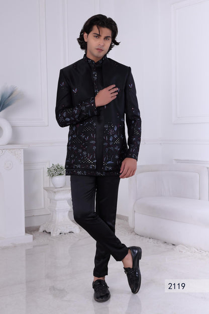 Embroidered Black Indo-Western Sherwani: Men's Wedding Bandhgala Suit Laroyal
