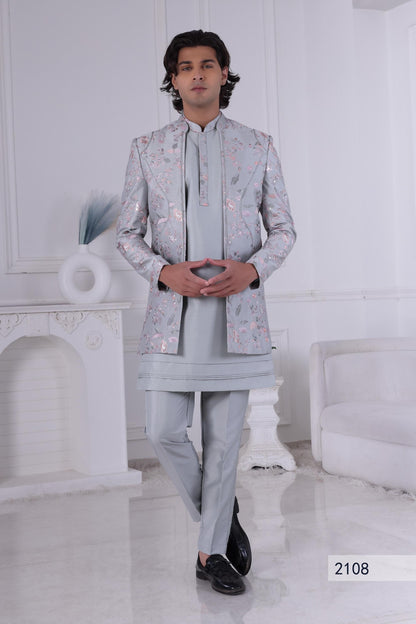 Floral Embroidered Light Grey Sherwani: Groom Wedding Outfit Laroyal