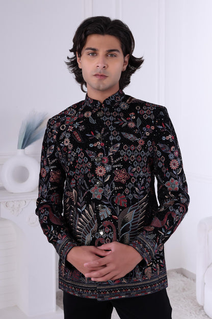 Black Embroidered Sherwani for Men – Regal Floral & Bird Design  Indian Wedding Outfit  Custom Tailored