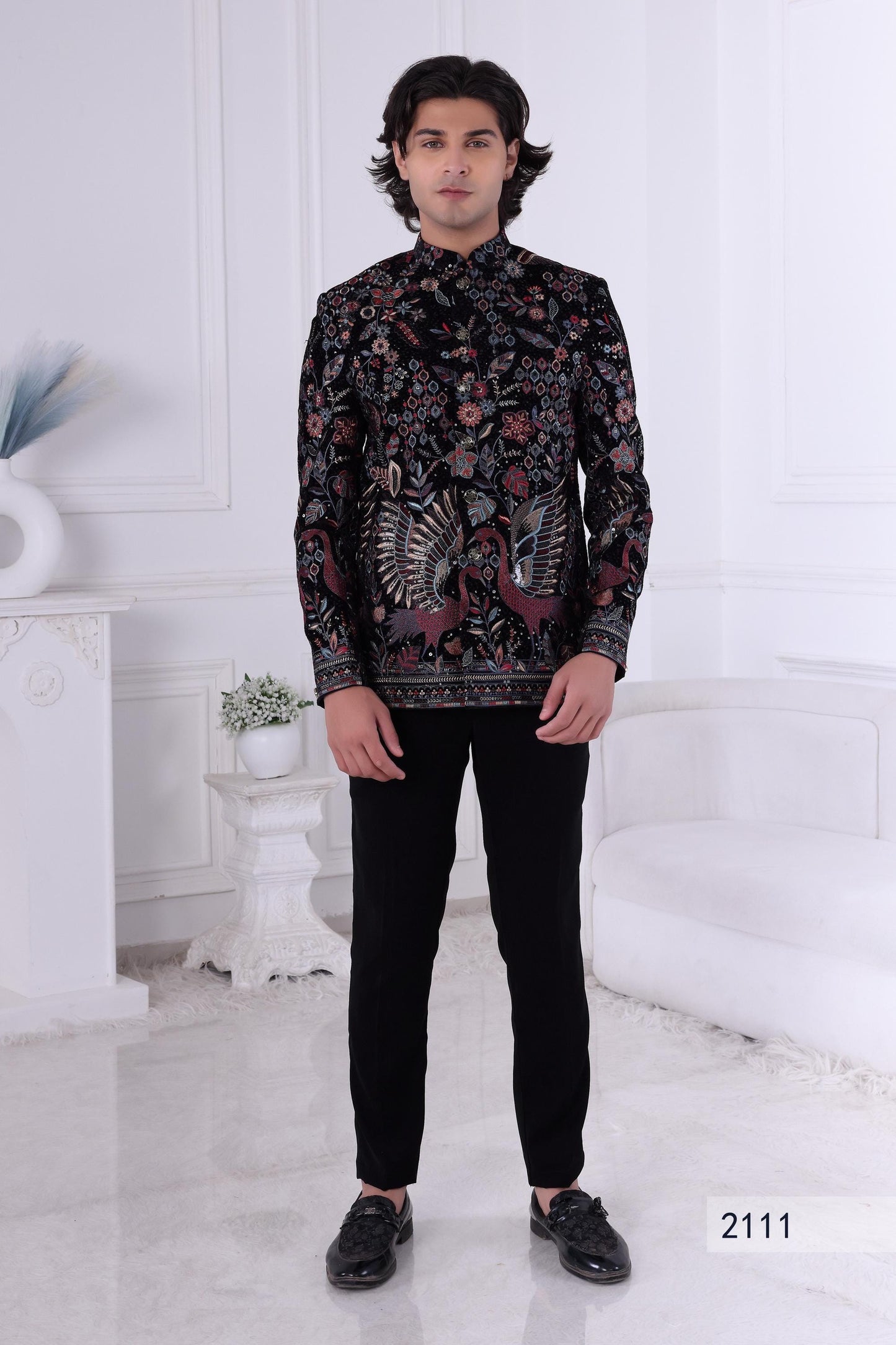 Black Embroidered Sherwani for Men – Regal Floral & Bird Design  Indian Wedding Outfit  Custom Tailored