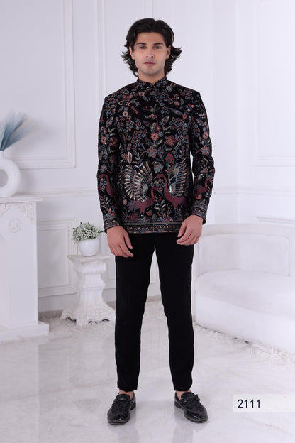 Black Embroidered Sherwani for Men – Regal Floral & Bird Design  Indian Wedding Outfit  Custom Tailored