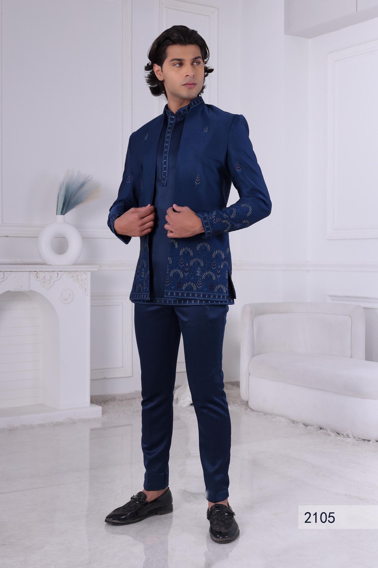 Embroidered Dark Blue Sherwani: Groom Wedding Outfit, Indo-Western Suit Laroyal