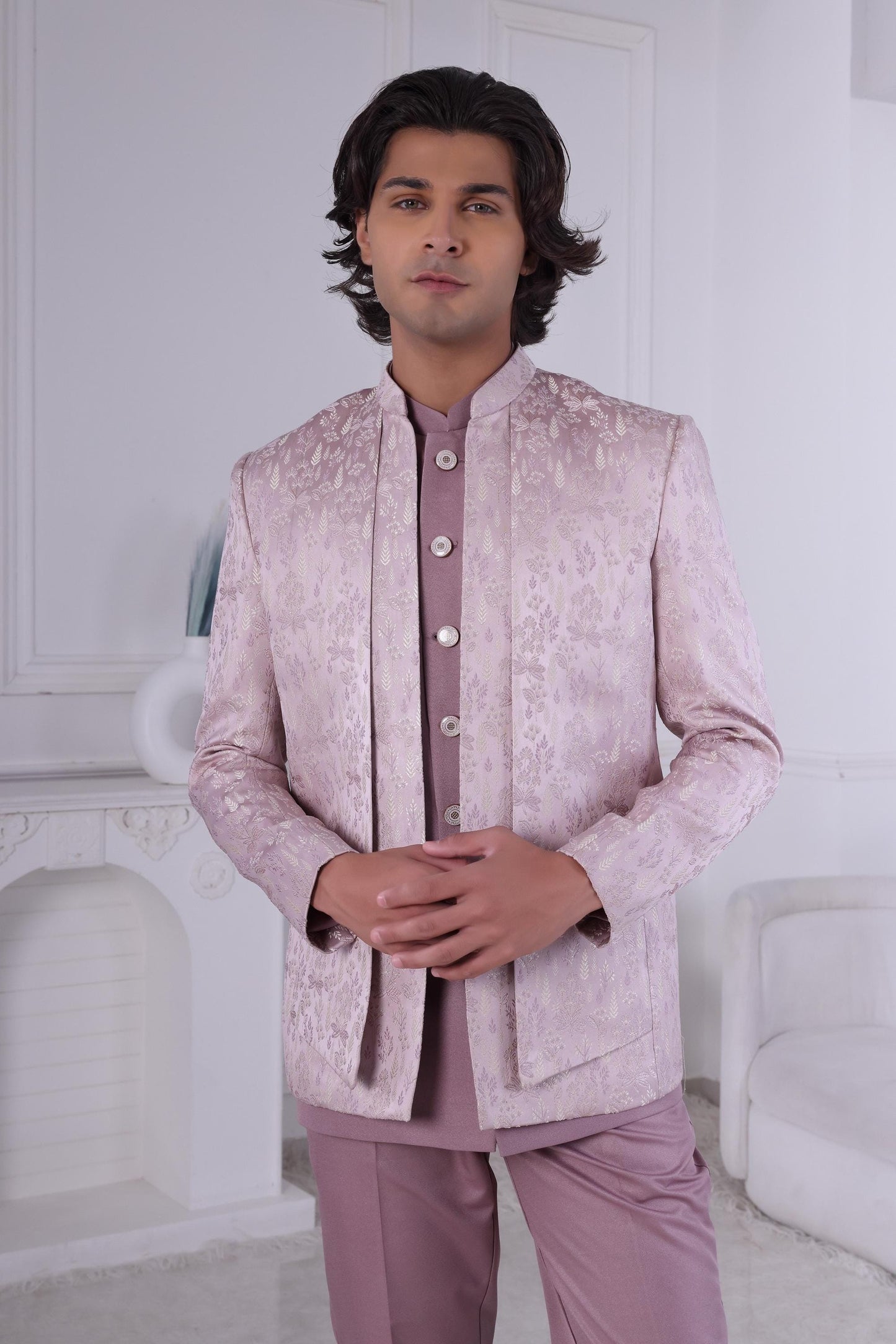 Floral Brocade Sherwani: Light Pink Lavender Indian Wedding Outfit Laroyal