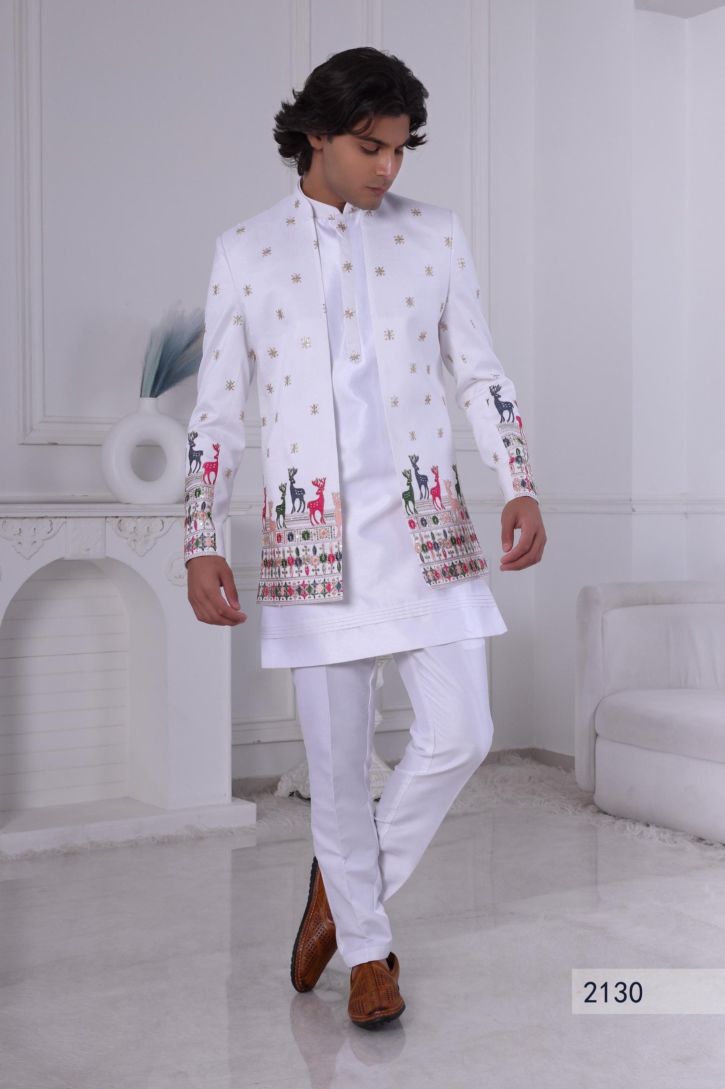 White Silk Blend Sherwani: Embroidered Deer, Indo-Western Suit Laroyal