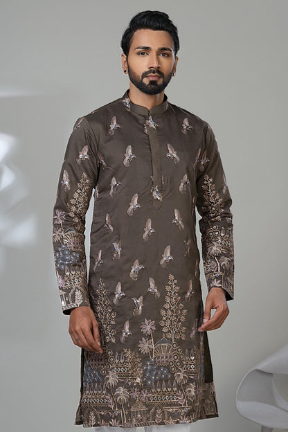 Embroidered Bird Kurta: Designer Dark Brown Kurta Set for Men Laroyal
