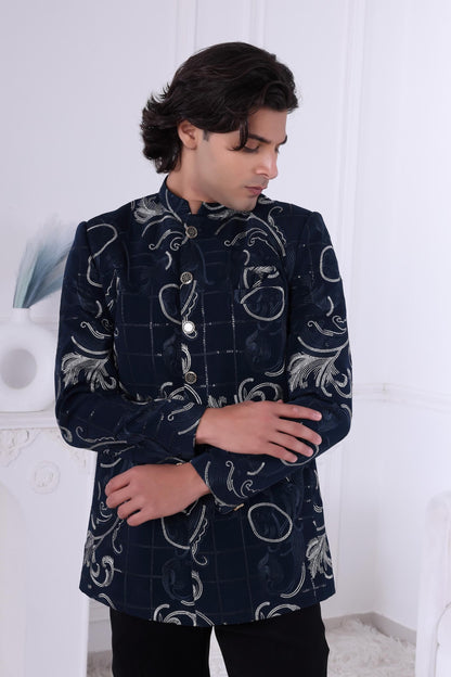 Navy Blue Jodhpuri Suit: Silver Baroque Embroidered Bandhgala - Indian Groom Sherwani Laroyal