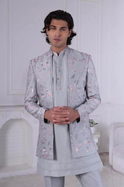 Floral Embroidered Light Grey Sherwani: Groom Wedding Outfit Laroyal