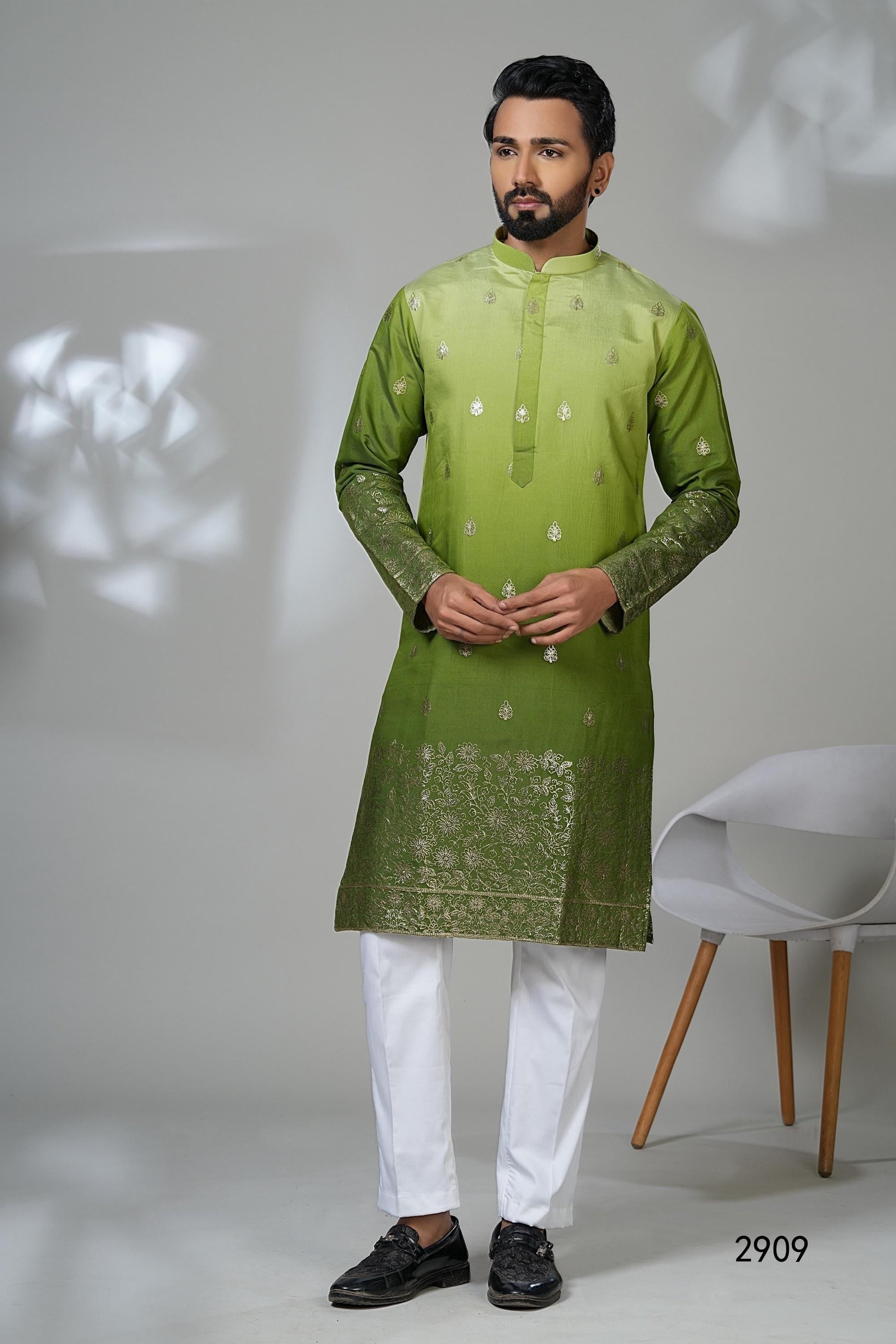 Men's Ombre Green Kurta with Gold Embroidery - Mehendi Sangeet Outfit Laroyal