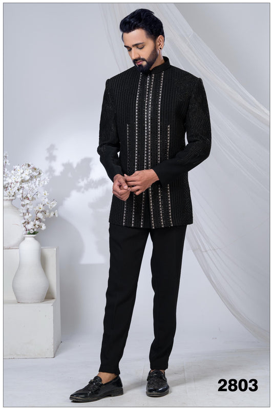 Luxury Black Indo-Western Bandhgala Suit | Designer Embroidered Sherwani for Groom & Wedding Reception | Men's Ethnic Wear