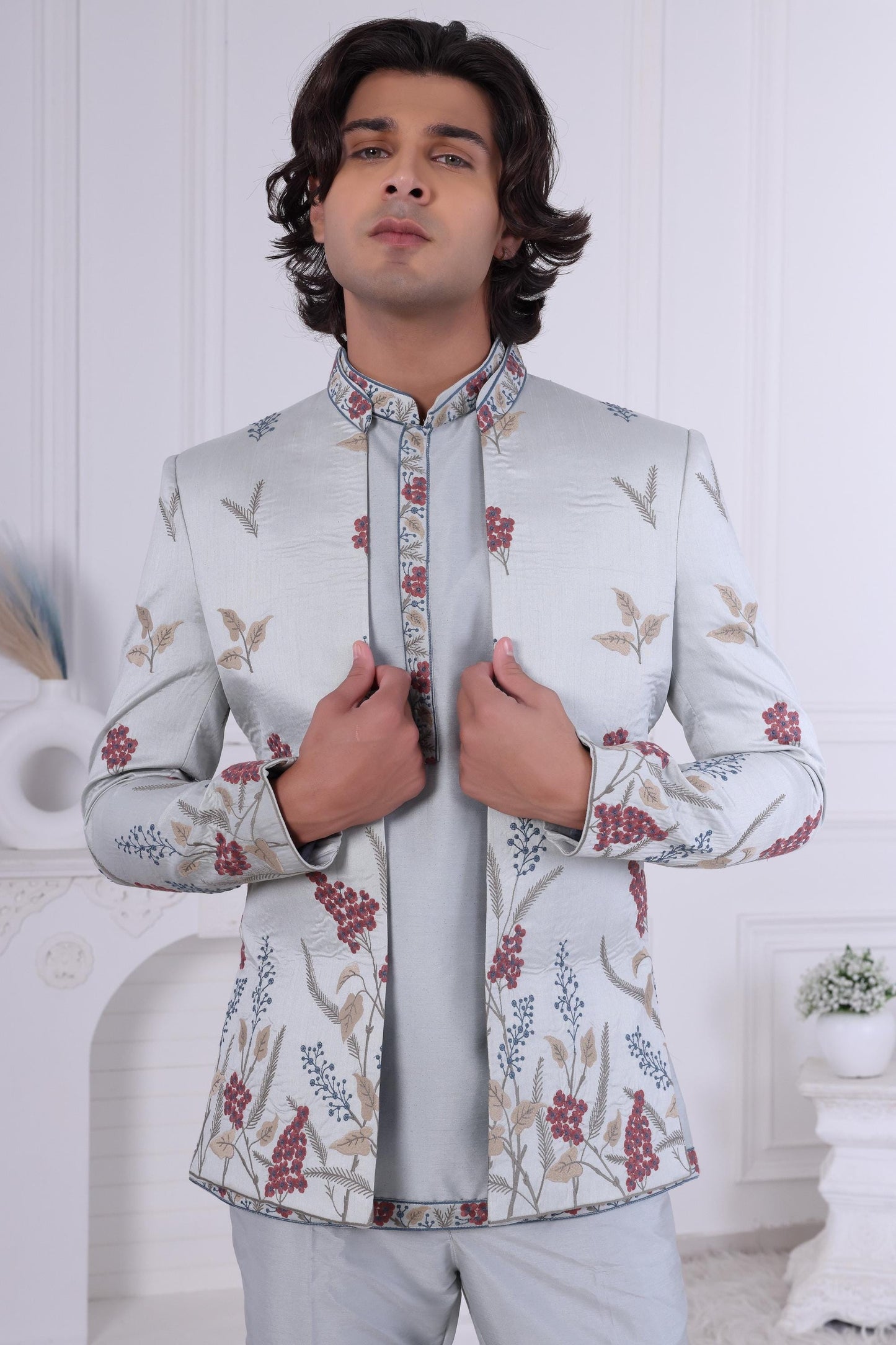 Floral Embroidered Indo-Western Sherwani: Designer Jodhpuri Jacket Outfit Laroyal