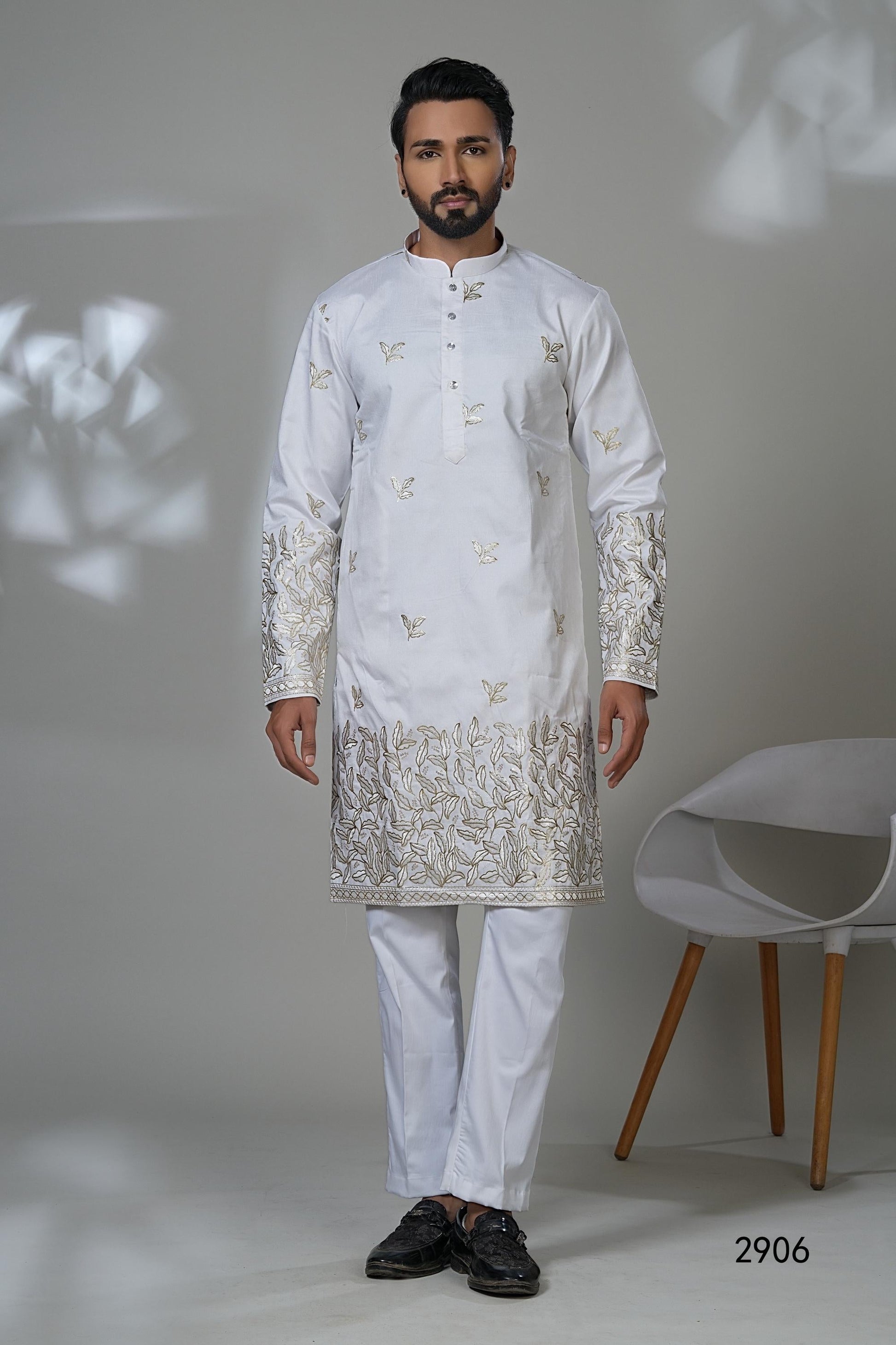 Gold Leaf Embroidered White Kurta Set - Designer Menswear Laroyal