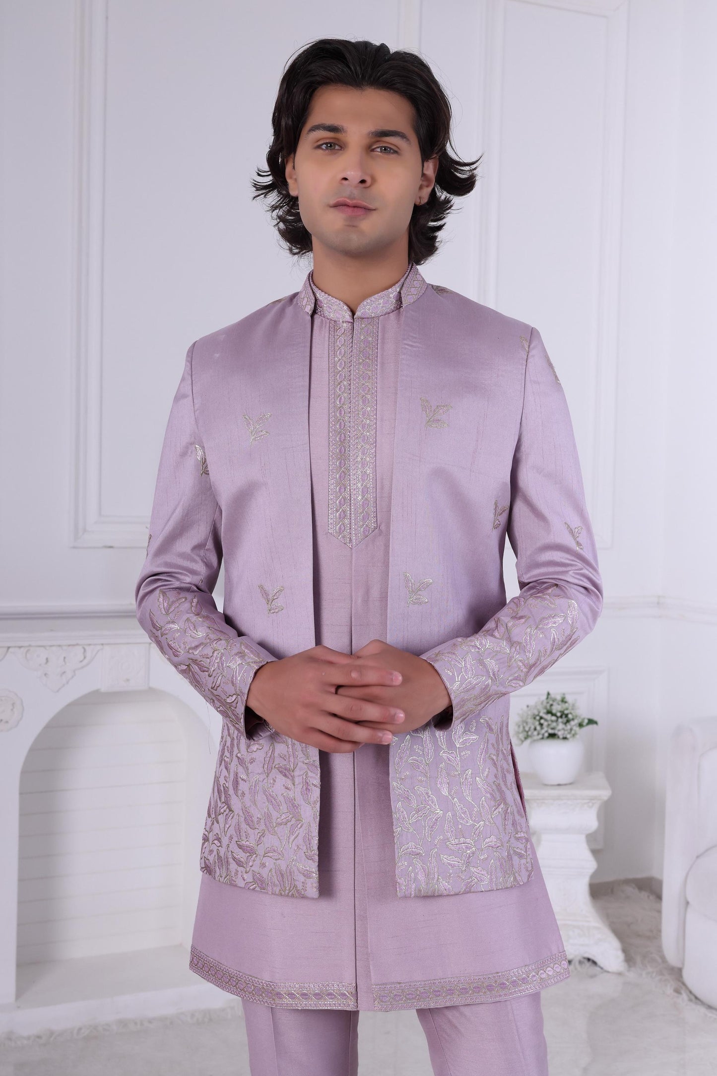 Embroidered Indo-Western Suit: Light Purple Raw Silk Sangeet Outfit Laroyal