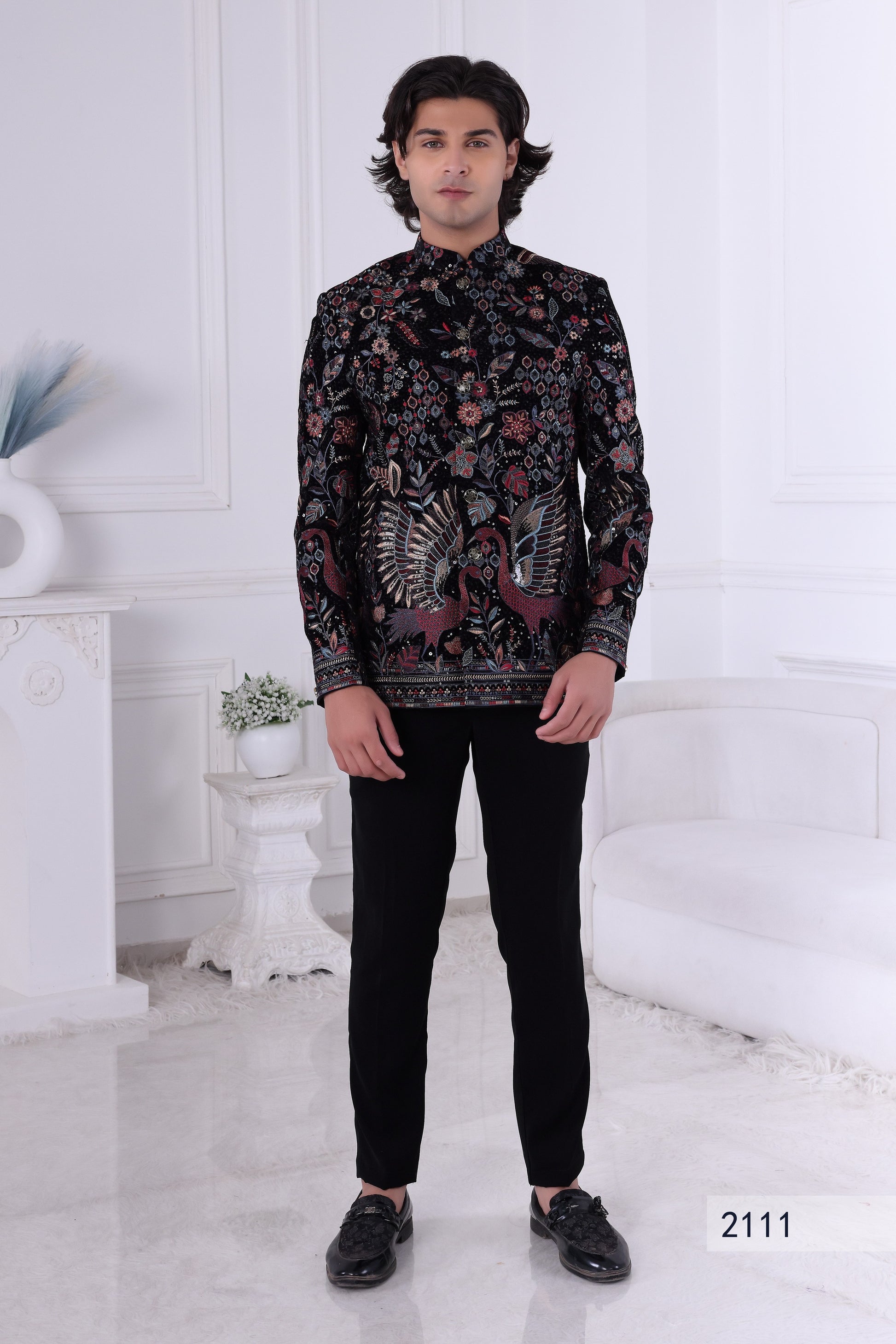 Designer Black Indo-Western Sherwani for Men with Heavy Embroidery LA2111 Laroyal