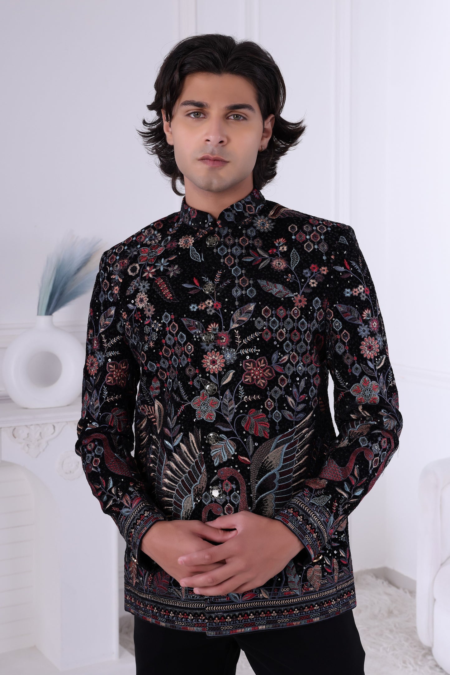 Designer Black Indo-Western Sherwani for Men with Heavy Embroidery LA2111 Laroyal