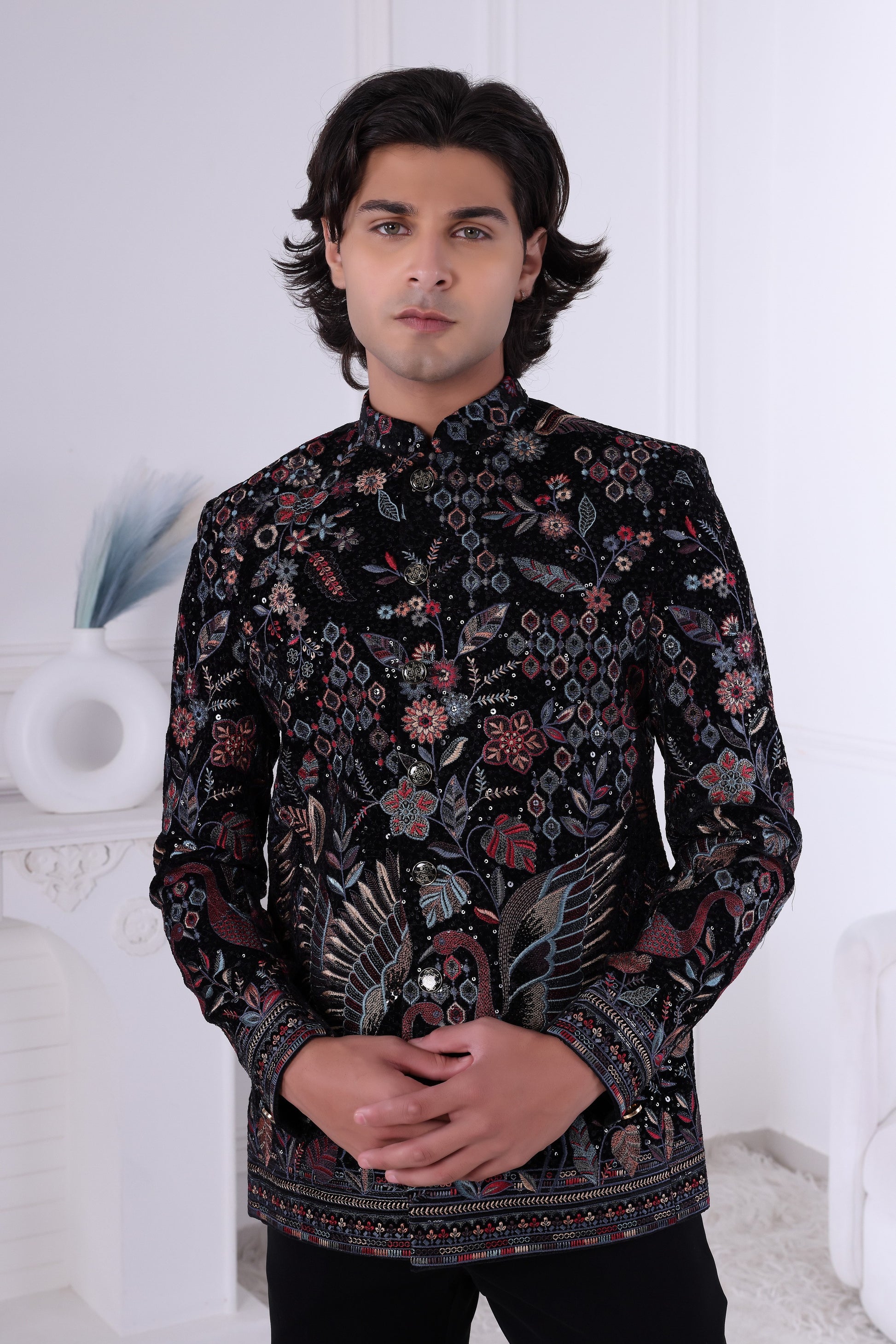 Designer Black Indo-Western Sherwani for Men with Heavy Embroidery LA2111 Laroyal