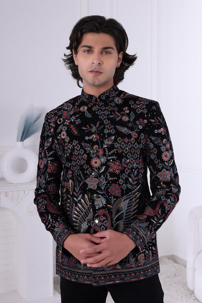 Designer Black Indo-Western Sherwani for Men with Heavy Embroidery LA2111 Laroyal