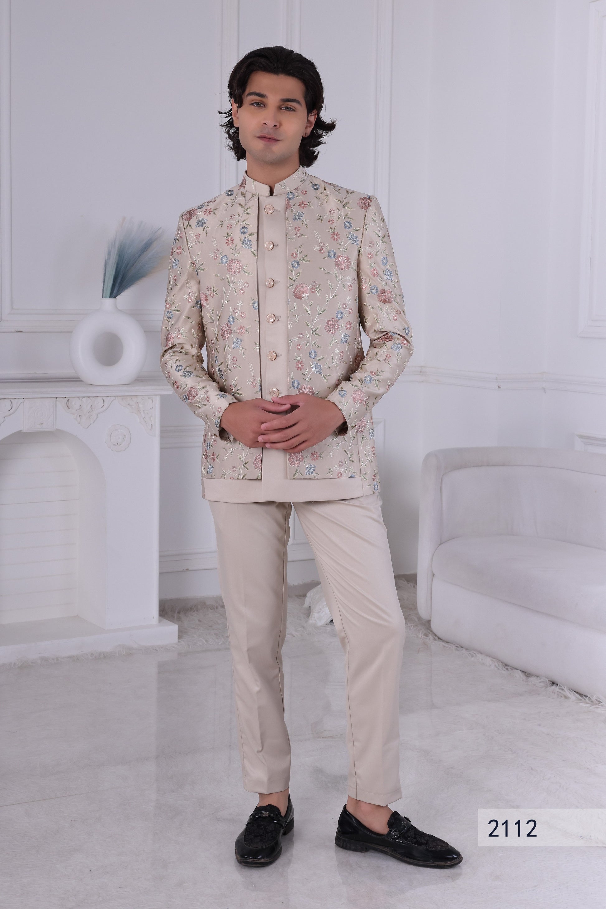 Men’s Ivory Ivory Beige Floral Indo-Western Sherwani – Premium Wedding Outfit LA2112 Laroyal