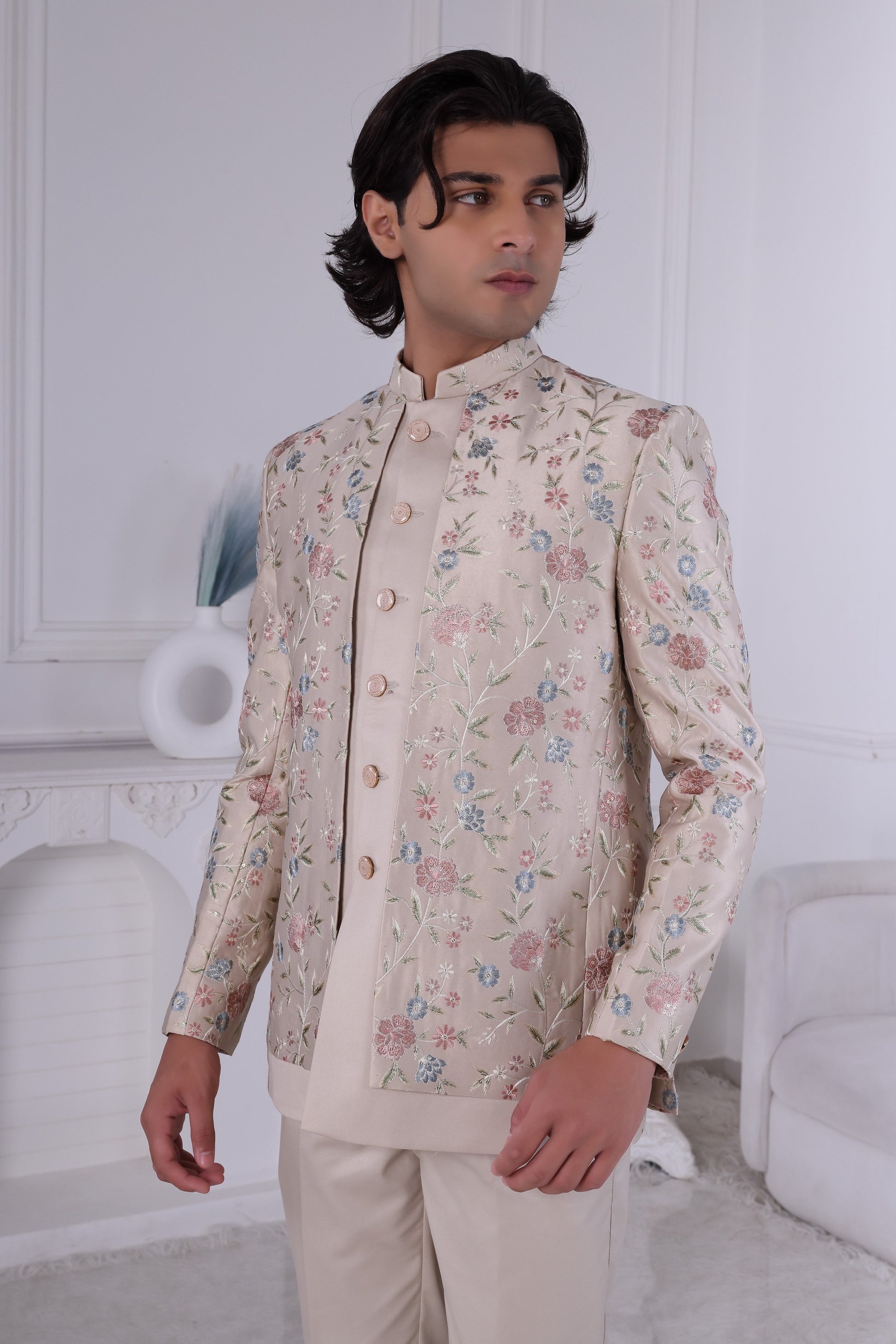 Men’s Ivory Ivory Beige Floral Indo-Western Sherwani – Premium Wedding Outfit LA2112 Laroyal