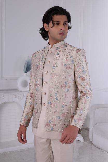 Men’s Ivory Ivory Beige Floral Indo-Western Sherwani – Premium Wedding Outfit LA2112 Laroyal