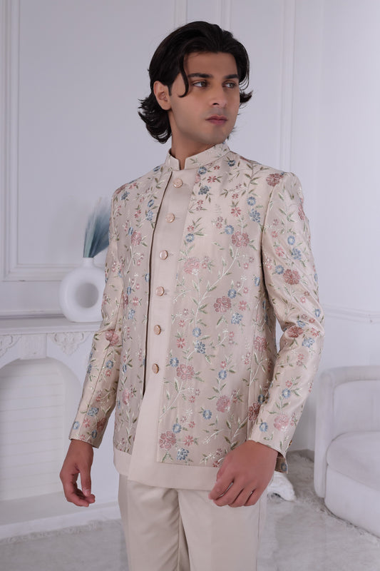 Men’s Ivory Ivory Beige Floral Indo-Western Sherwani – Premium Wedding Outfit LA2112 Laroyal