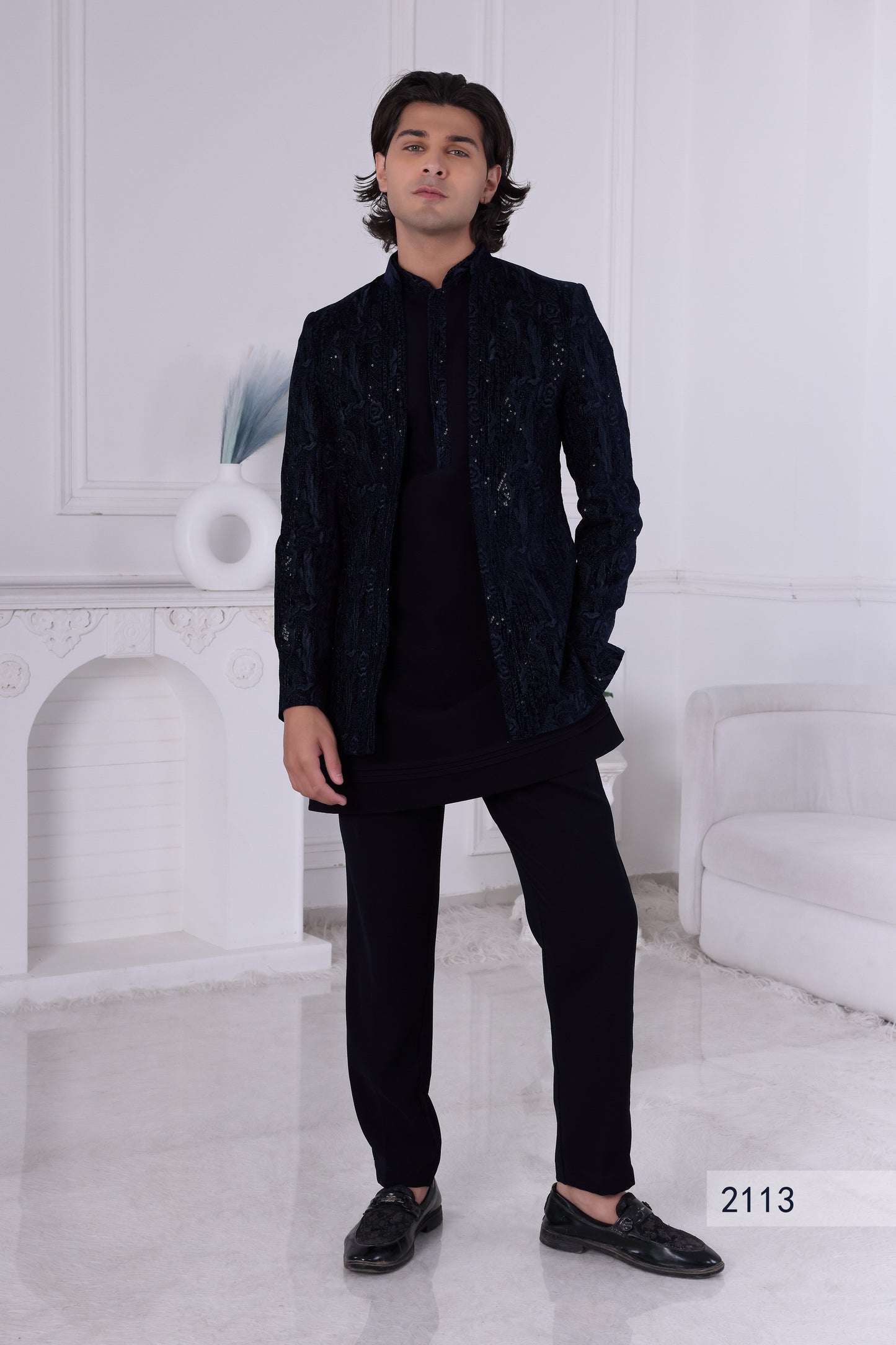Midnight Blue Textured Indo-Western Kurta Set for Men – Luxury Designer Wedding & Cocktail Wear LA2113 Laroyal