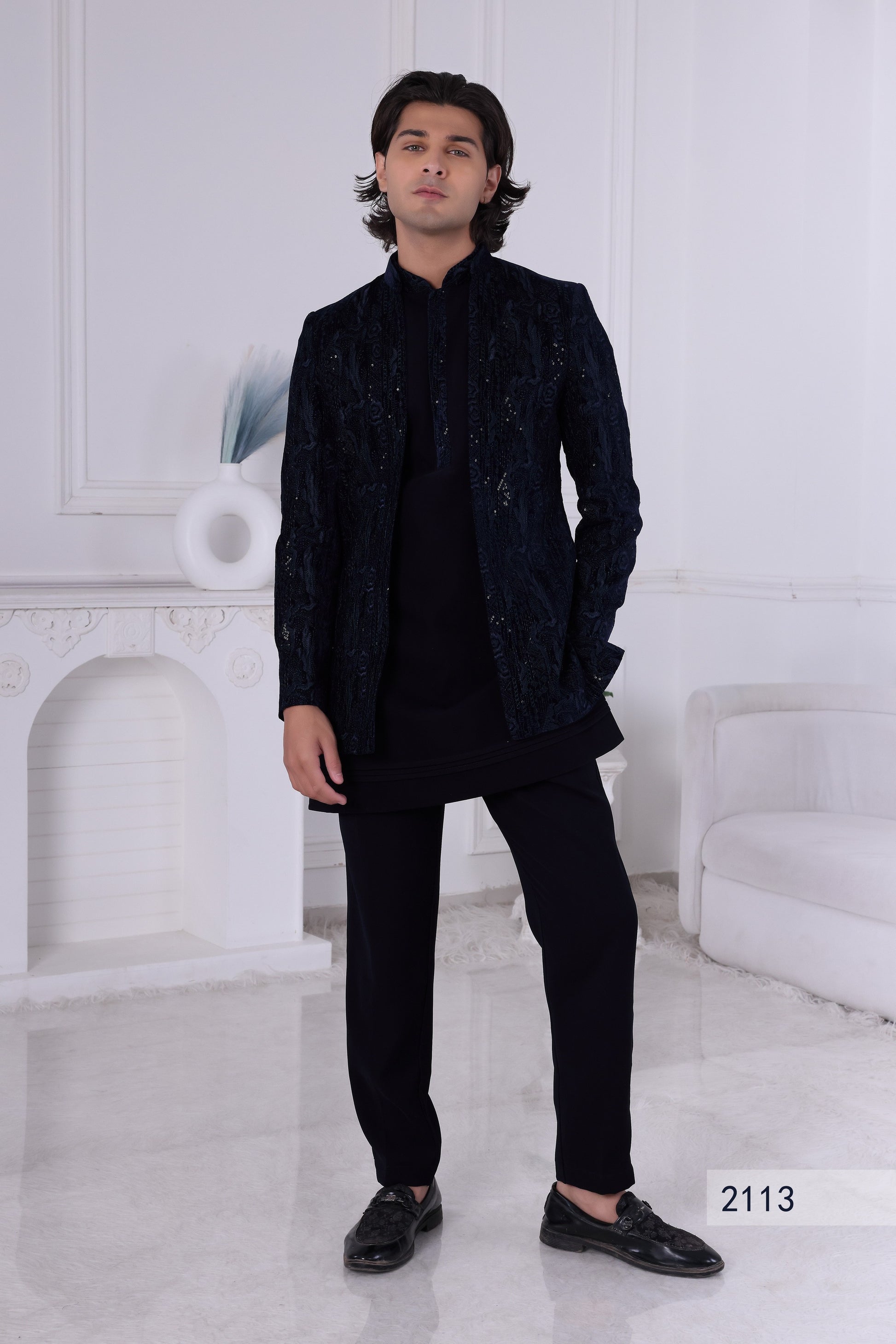 Midnight Blue Textured Indo-Western Kurta Set for Men – Luxury Designer Wedding & Cocktail Wear LA2113 Laroyal