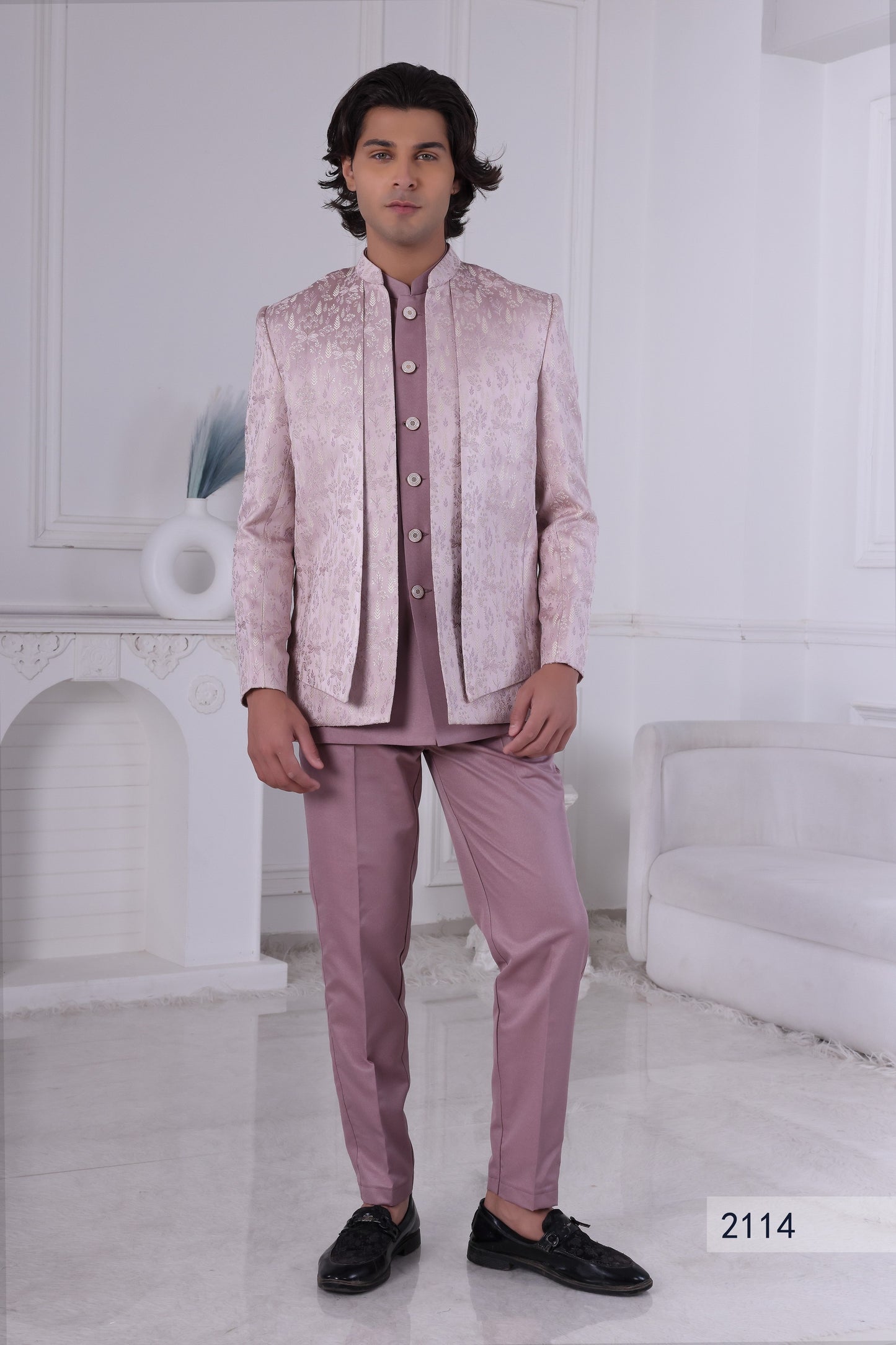 Men’s Blush Pink Indo-Western Kurta Set with Textured Jacket,Indian Wedding Sherwani  LA2114 Laroyal