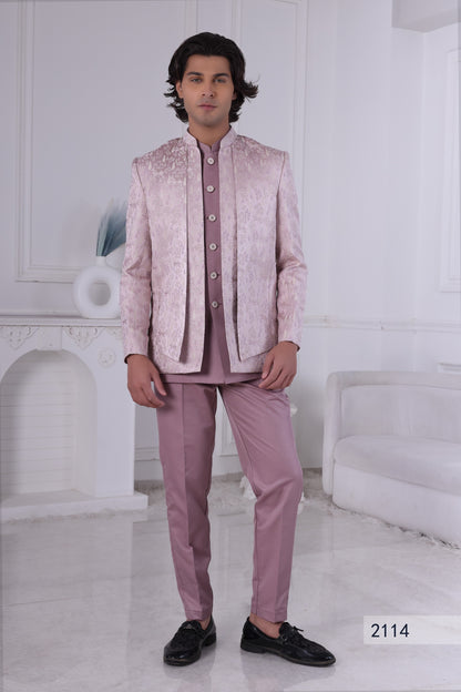 Men’s Blush Pink Indo-Western Kurta Set with Textured Jacket,Indian Wedding Sherwani  LA2114 Laroyal