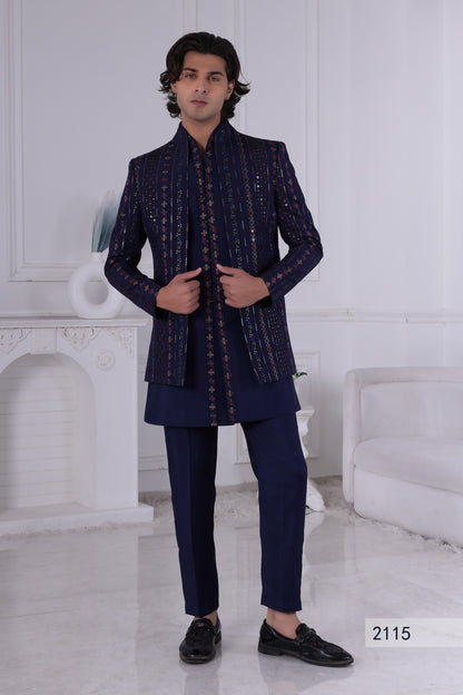 Men’s Navy Blue Embellished Indo-Western Kurta Set with Statement Jacket ,Indian Wedding Sherwani LA2115 Laroyal