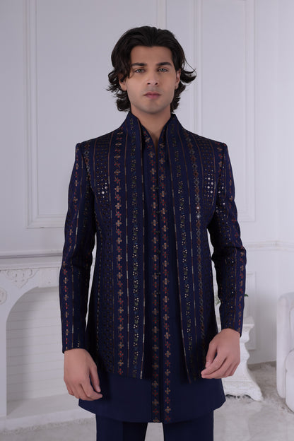 Men’s Navy Blue Embellished Indo-Western Kurta Set with Statement Jacket ,Indian Wedding Sherwani LA2115 Laroyal