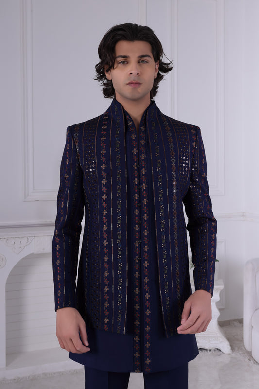 Men’s Navy Blue Embellished Indo-Western Kurta Set with Statement Jacket ,Indian Wedding Sherwani LA2115 Laroyal