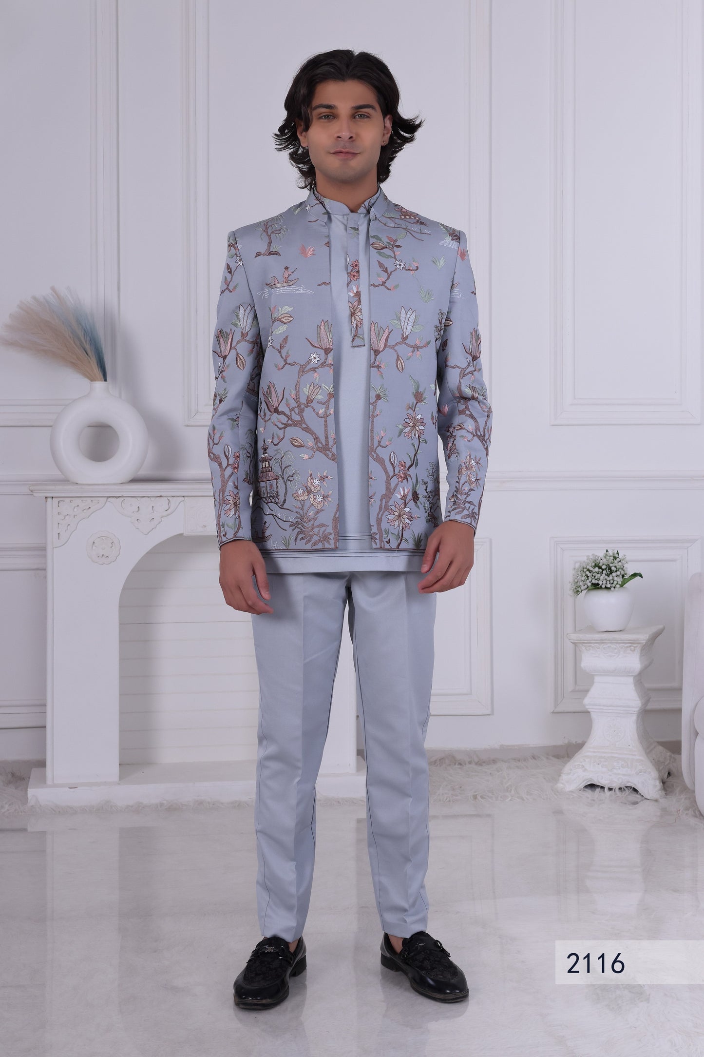 Sky Blue Designer Indo Western Sherwani for Men | Floral Embroidered Wedding Outfit LA2116 Laroyal