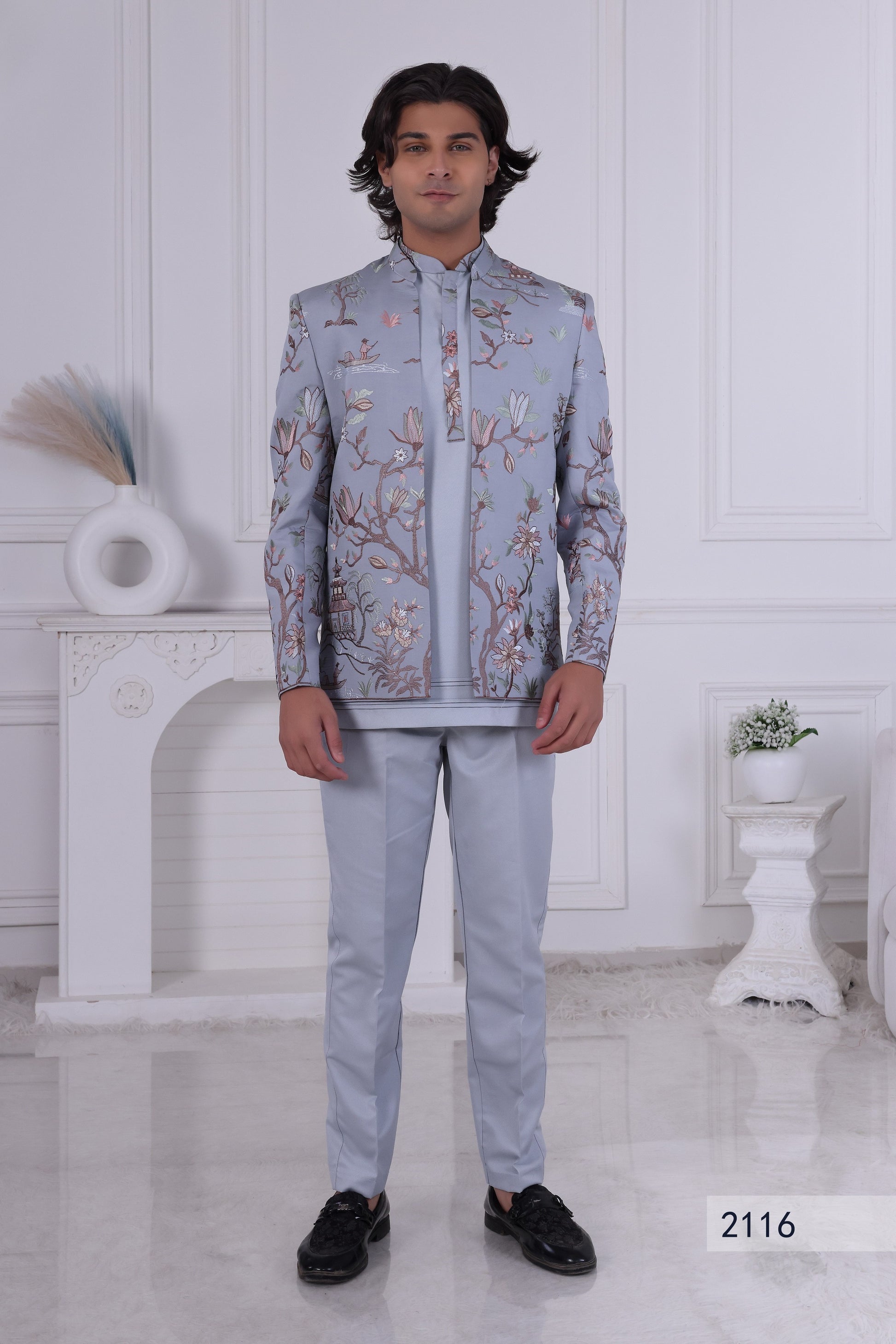Sky Blue Designer Indo Western Sherwani for Men | Floral Embroidered Wedding Outfit LA2116 Laroyal