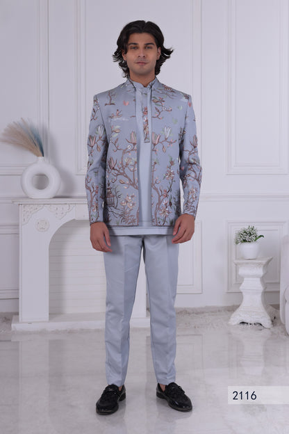 Sky Blue Designer Indo Western Sherwani for Men | Floral Embroidered Wedding Outfit LA2116 Laroyal