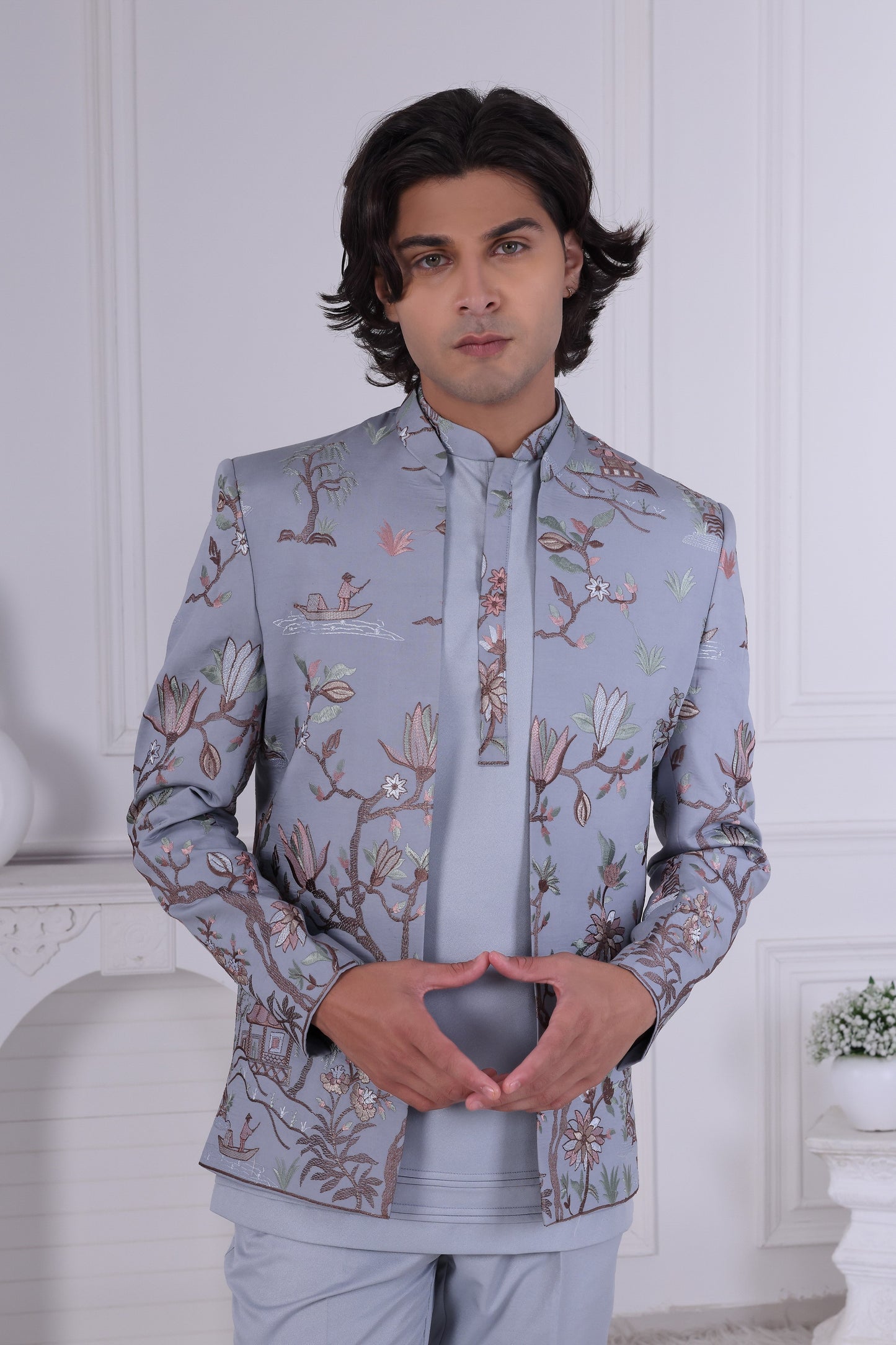 Sky Blue Designer Indo Western Sherwani for Men | Floral Embroidered Wedding Outfit LA2116 Laroyal