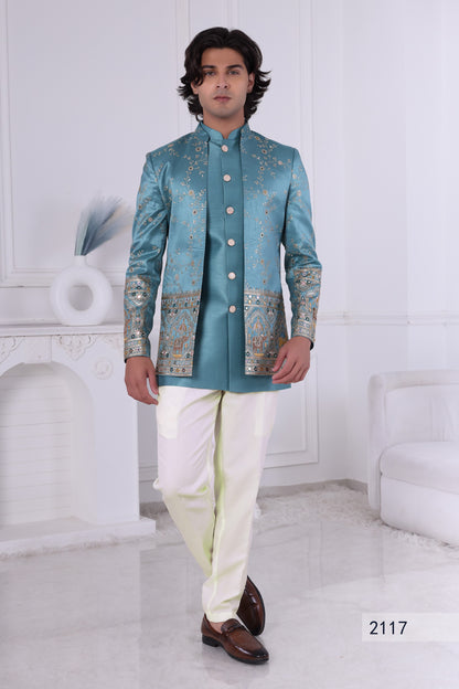 Premium Teal Blue Indo Western for Men | Embroidered Sherwani Wedding Wear LA2117 Laroyal