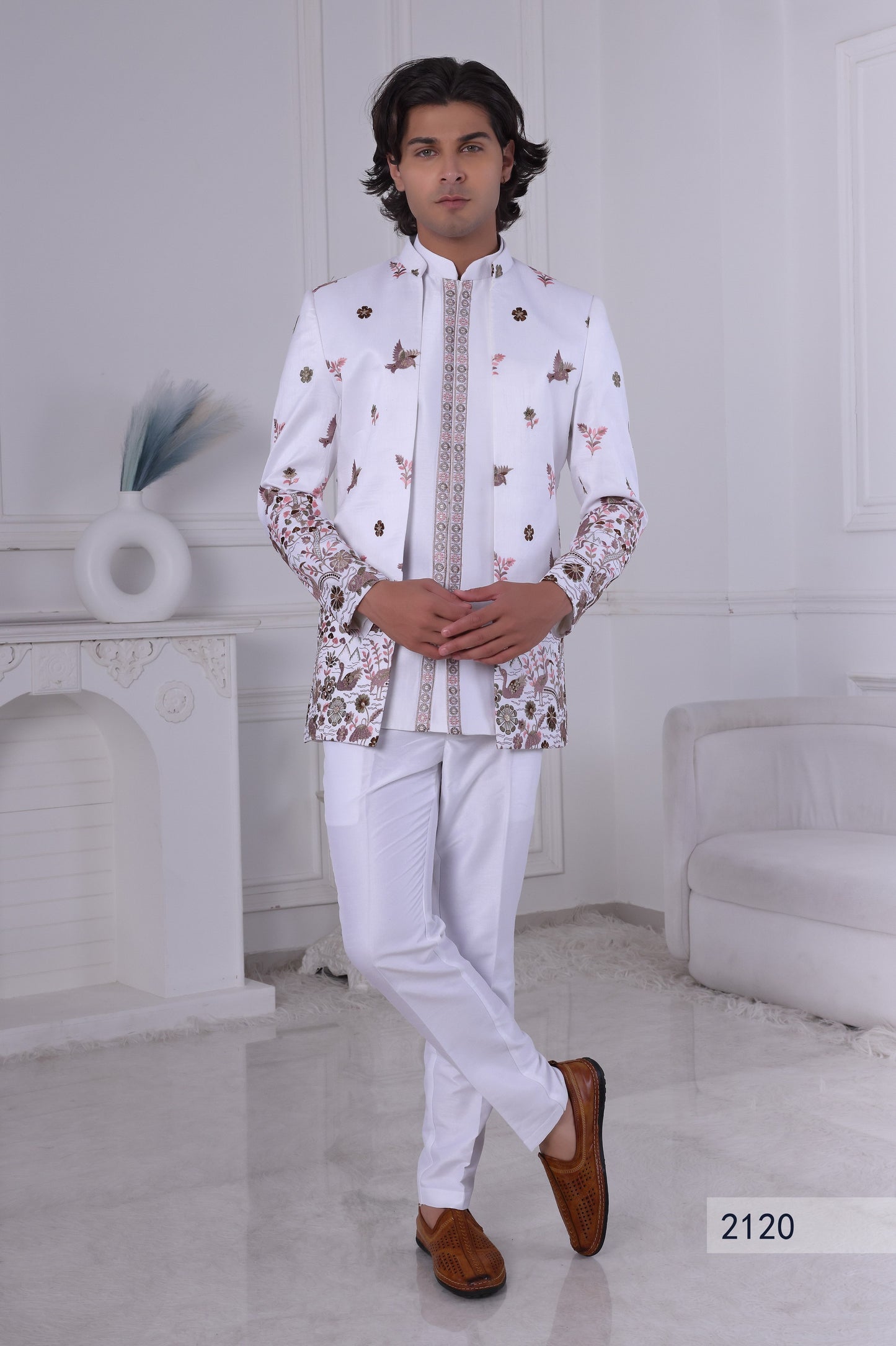Men’s Premium White Indo Western Sherwani Set | Designer Embroidered Wedding Indo Western Suit LA2120 Laroyal