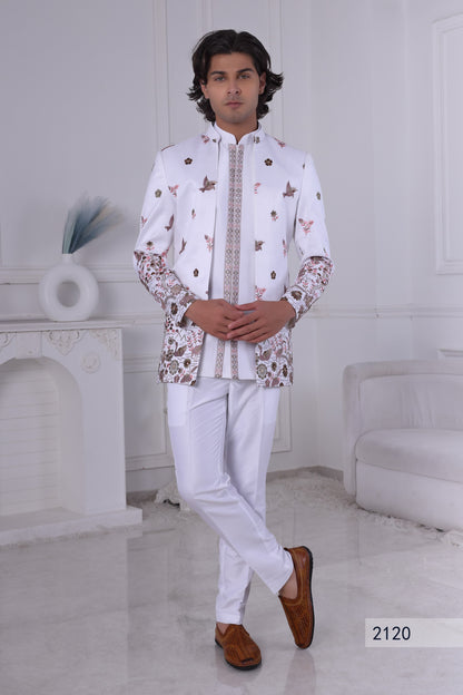 Men’s Premium White Indo Western Sherwani Set | Designer Embroidered Wedding Indo Western Suit LA2120 Laroyal