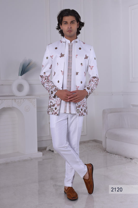 Men’s Premium White Indo Western Sherwani Set | Designer Embroidered Wedding Indo Western Suit LA2120 Laroyal