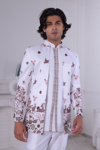 Men’s Premium White Indo Western Sherwani Set | Designer Embroidered Wedding Indo Western Suit LA2120 Laroyal