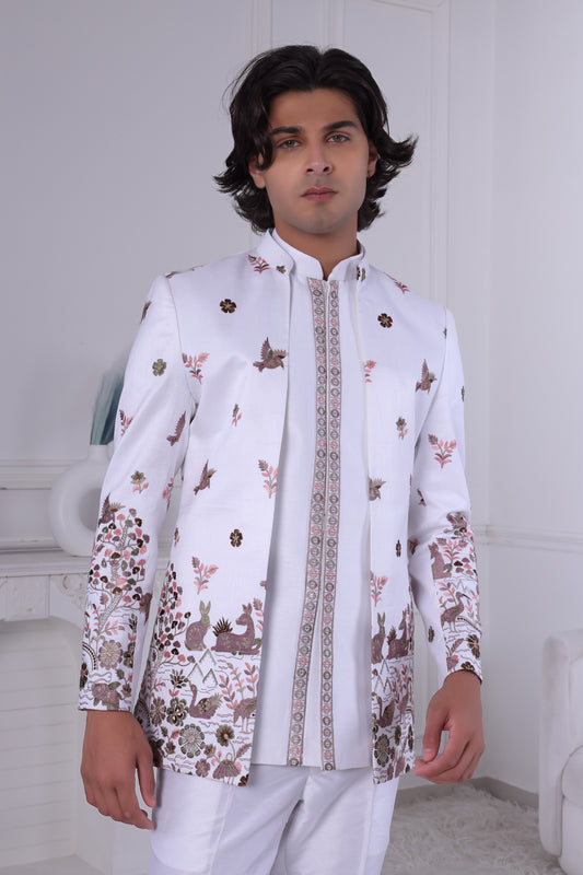 Men’s Premium White Indo Western Sherwani Set | Designer Embroidered Wedding Indo Western Suit LA2120 Laroyal
