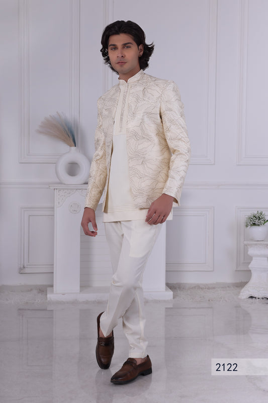 Men’s Royal Cream Indo Western Outfit – Embroidered Indian Sherwani for Weddings & Festive Events LA2122 Laroyal